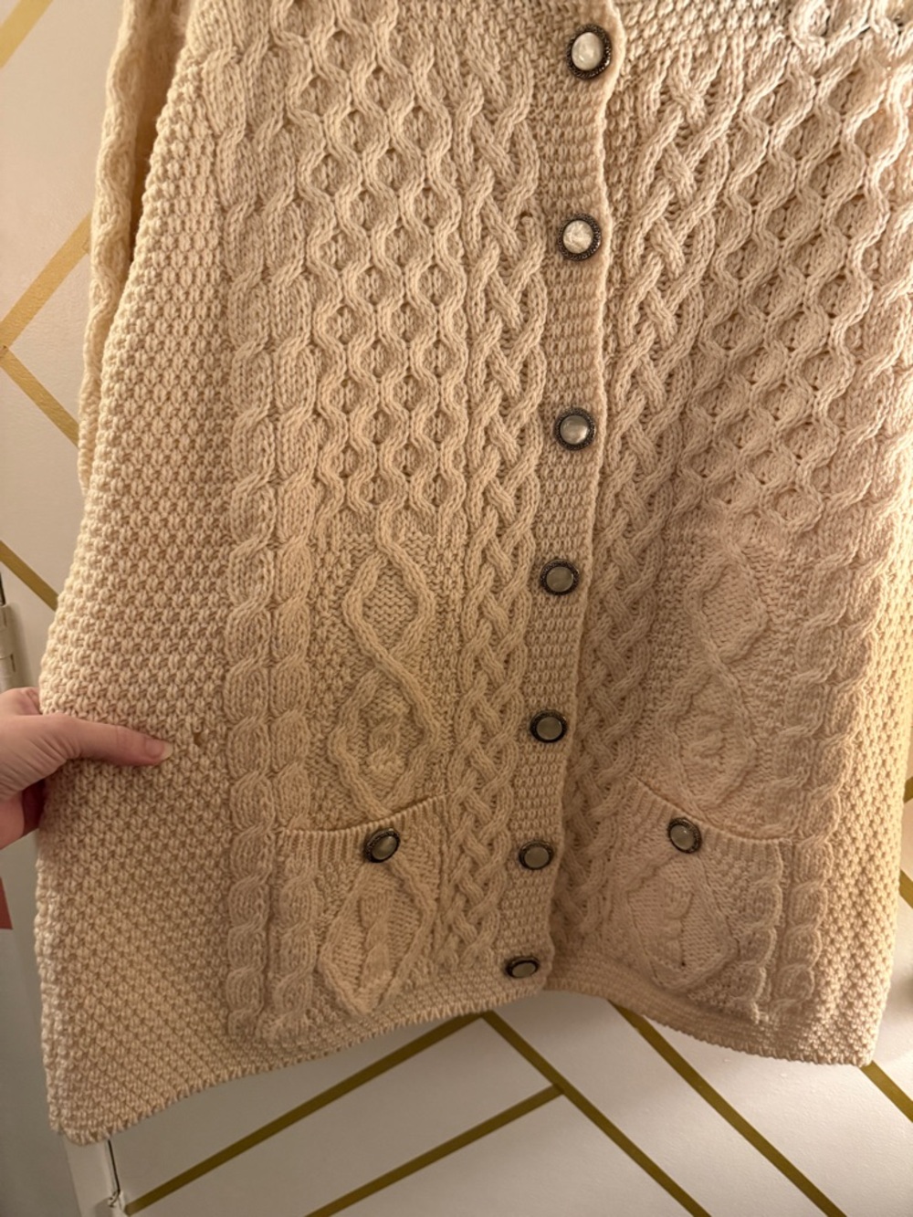 Aran Crafts Cream Merino Wool Cardigan Sweater With Pockets and Pearl Buttons - Picture 10 of 12